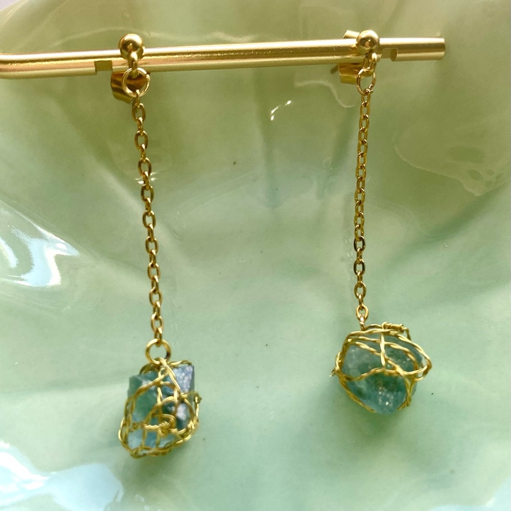 Green Fluorite Octahedron gold Wire-Wrapped Earrings E24 - Picture 2 of 2
